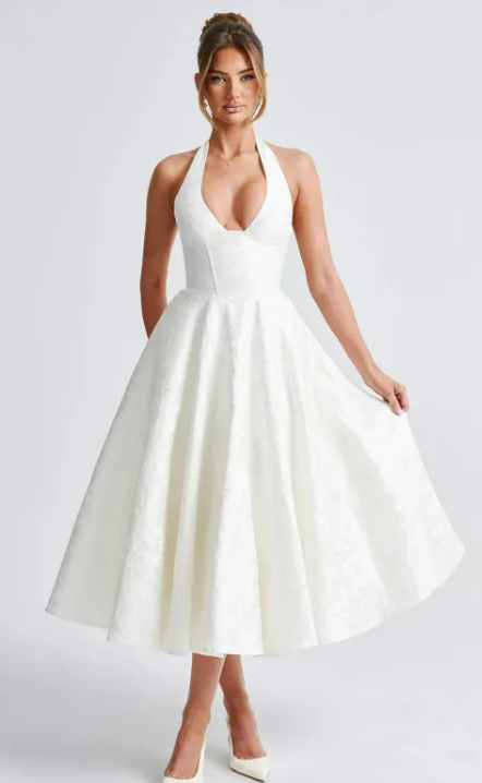 V-neck Halter Sleeveless Jacquard Lace-up Waist Dress